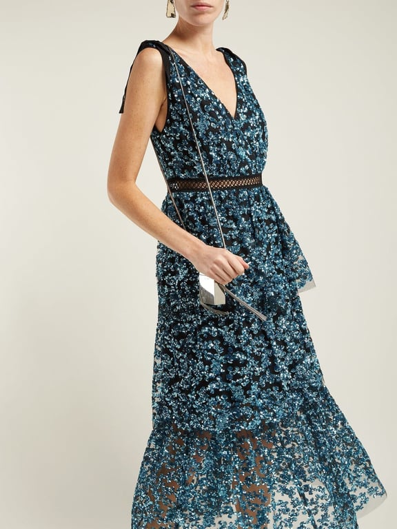 SELF-PORTRAIT Sequinned Tiered Tulle Midi Blue Dress