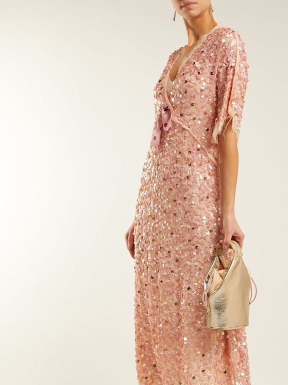 LUISA BECCARIA Bow Trim Sequinned Chiffon Pink Dress