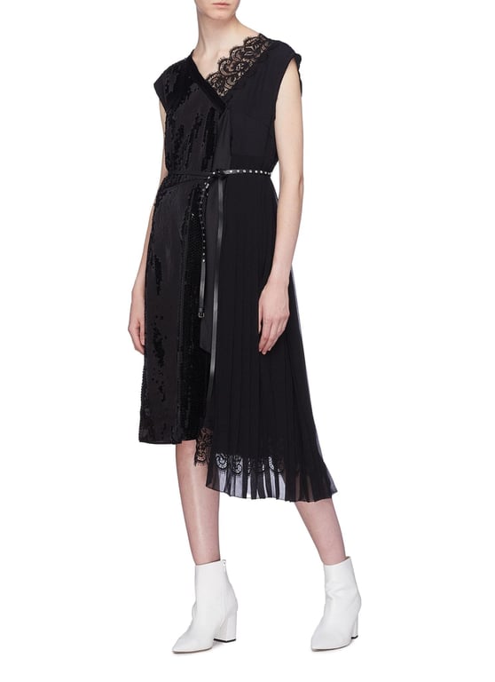 MARC JACOBS Belted Pleated Chiffon Panel Sequin Wrap Black Dress 2