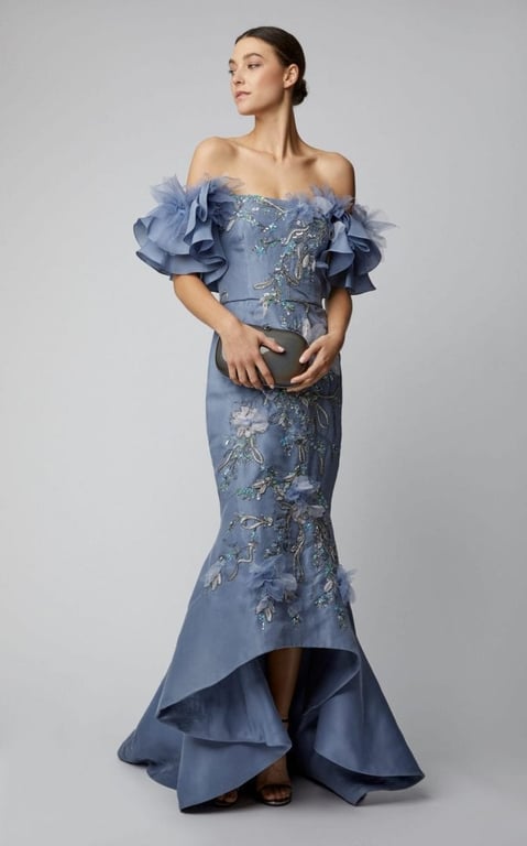 MARCHESA Ruffled Silk Organza Purple Gown