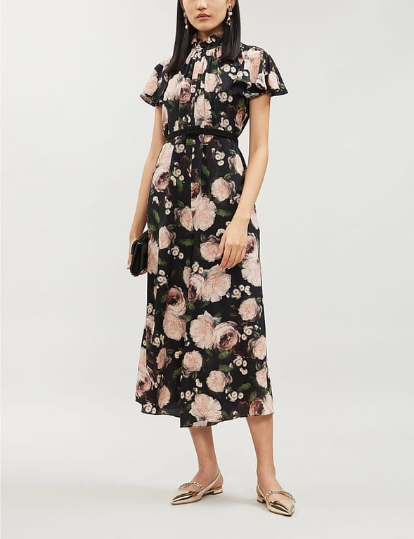 ERDEM Ella May Floral-Print Silk-Chiffon Midi Black/Pink Dress