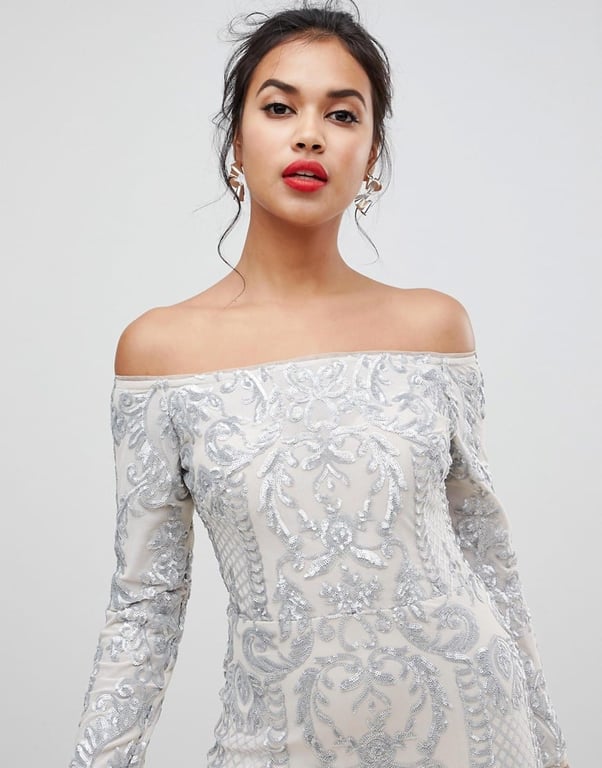BARIANO Embellished Patterned Sequin Off Shoulder Maxi Silver Dress
