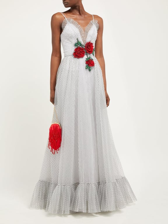 RODARTE Sequinned Rose-Appliquéd Polka-Dot Mesh White Gown