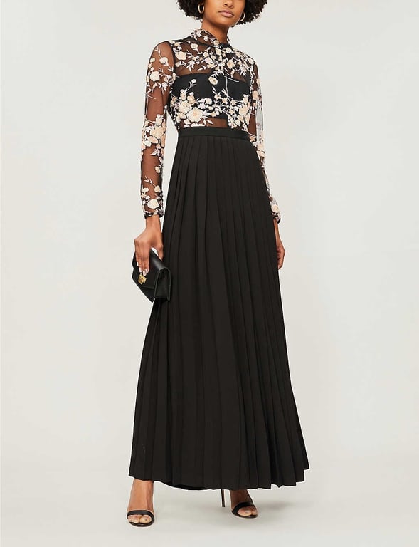 SELF-PORTRAIT Sequinned Floral Mesh And Jersey Maxi Black Dress
