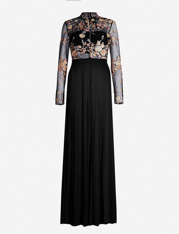 SELF-PORTRAIT Sequinned Floral Mesh And Jersey Maxi Black Dress