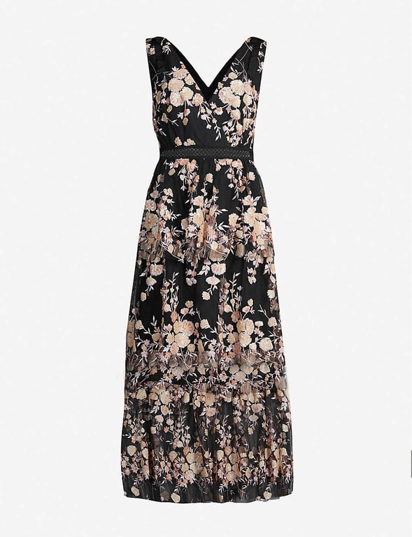 SELF-PORTRAIT Tiered Sequinned Floral Mesh Midi Black Dress