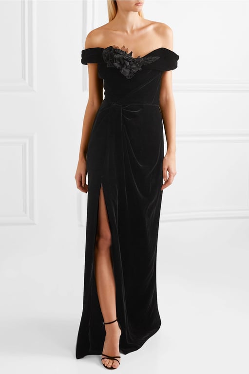 MARCHESA Off-the-shoulder Appliquéd Velvet Gown