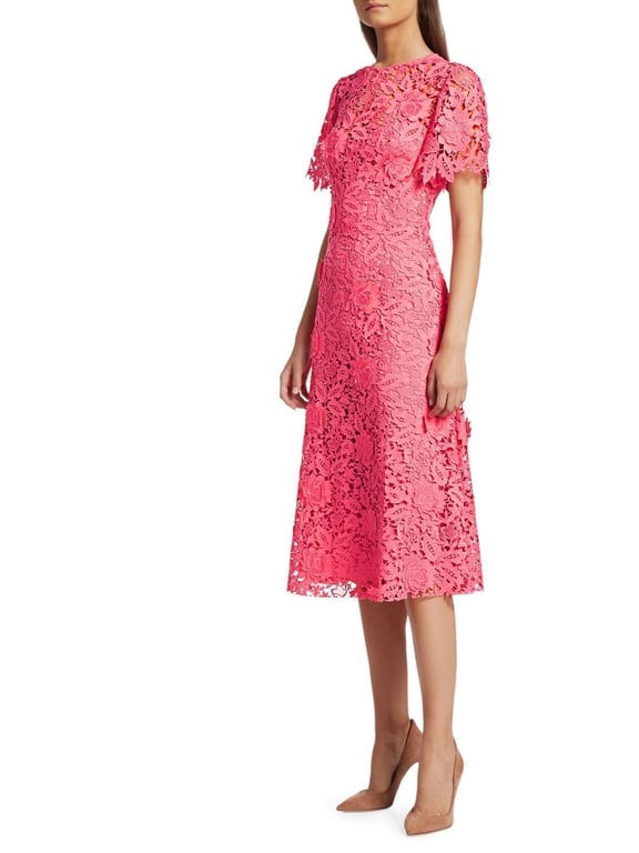 LELA ROSE Floral Appliqué Flutter-Sleeve Midi Dress