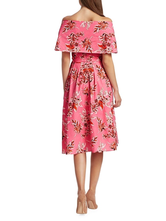 LELA ROSE Wildflower-Print Cotton Off-The-Shoulder Cape Dress