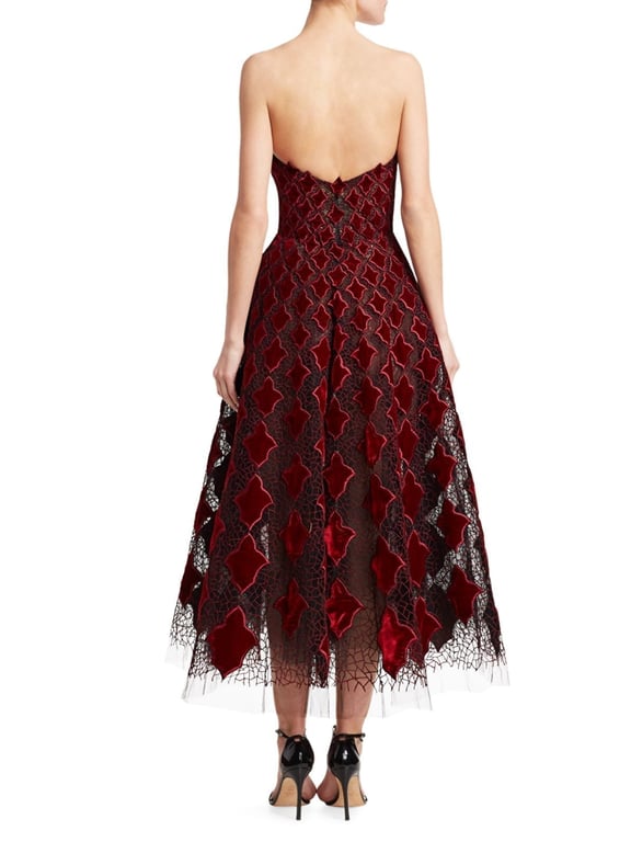 OSCAR DE LA RENTA Strapless Velvet & Tulle Tea-Length Dress
