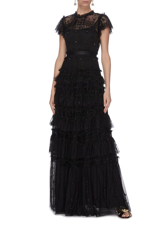 NEEDLE & THREAD 'Andromeda' Sequin Embellished Lace Trim Ruffle Tiered Tulle Gown
