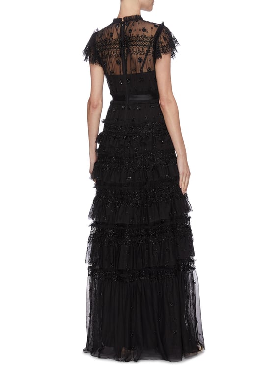 NEEDLE & THREAD 'Andromeda' Sequin Embellished Lace Trim Ruffle Tiered Tulle Gown
