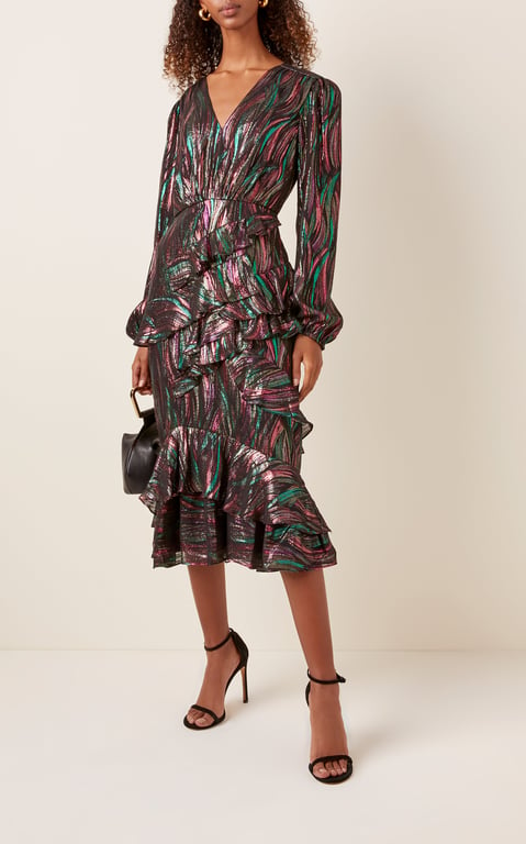 SALONI Alya Ruffled Silk-Blend Lurex Midi Dress