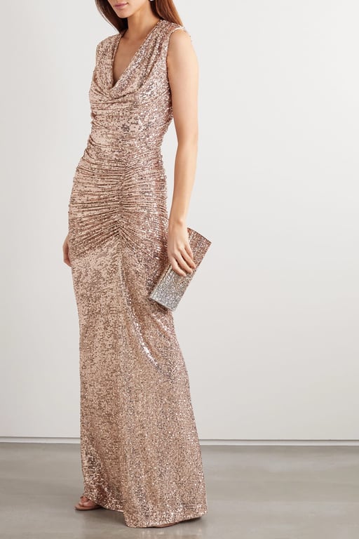 REEM ACRA Draped Sequined Tulle Gown