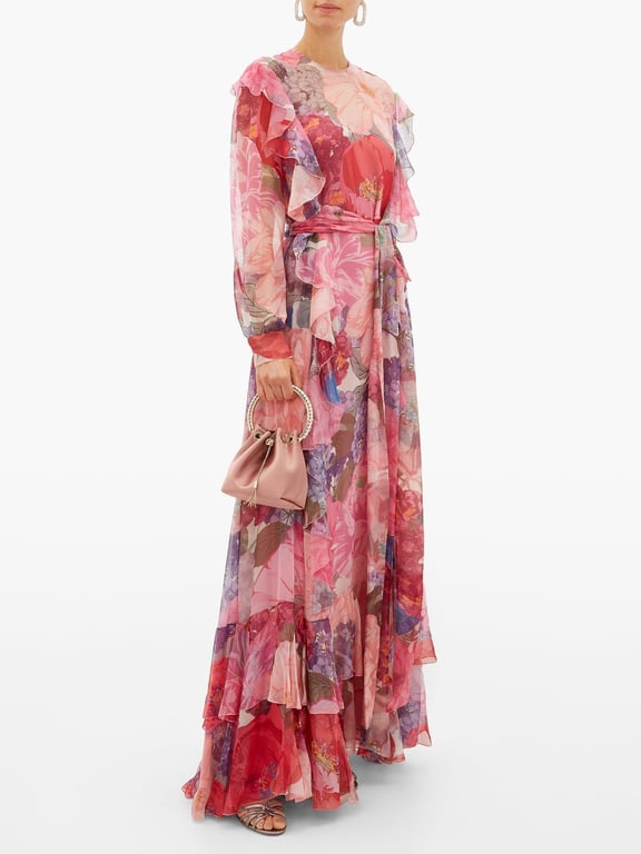 VALENTINO Floral-print Ruffled Belted Chiffon Gown