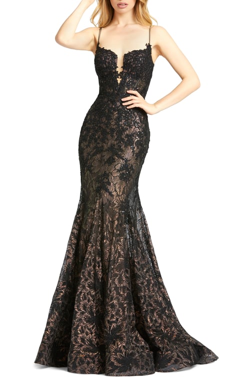 MAC DUGGAL Sequin Illusion Lace Trumpet Gown