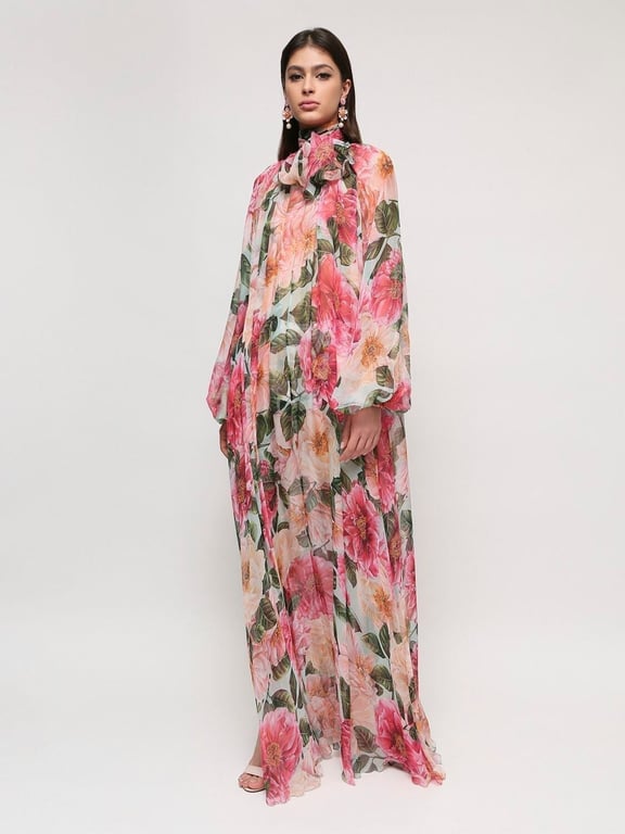DOLCE & GABBANA Camelia Print Sheer Silk Caftan Dress