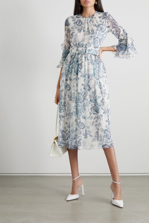 ERDEM Adriana Belted Ruffled Floral-print Silk-voile Midi Dress