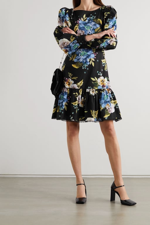 ERDEM Rydal Lace-trimmed Floral-print Cotton-poplin Mini Dress
