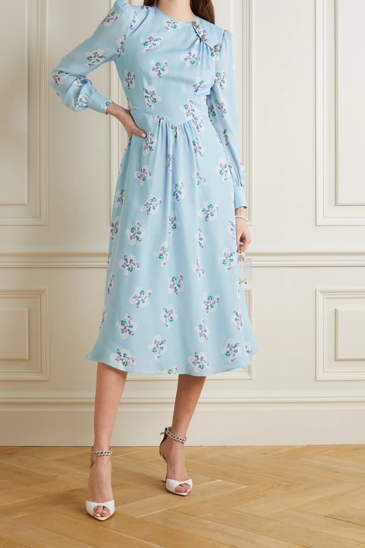 ALESSANDRA RICH Button-embellished Floral-print Silk Crepe De Chine Midi Dress