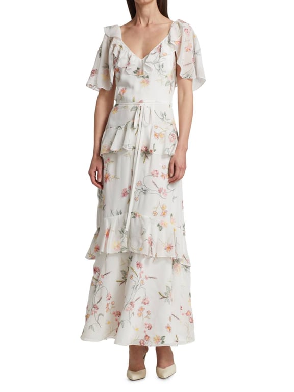 THEIA Floral Embroidered Chiffon Dress