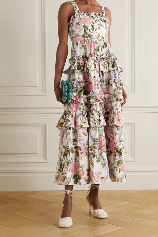 NEEDLE & THREAD Hettie Tiered Floral-print Cotton-blend Poplin Midi Dress