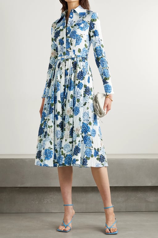 EMILIA WICKSTEAD Aisha Belted Floral-print Swiss-dot Cotton-blend Seersucker Midi Shirt Dress
