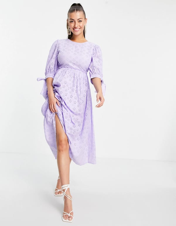 ASOS DESIGN Eyelet Maxi Smock Dress With Open Back In Lilac