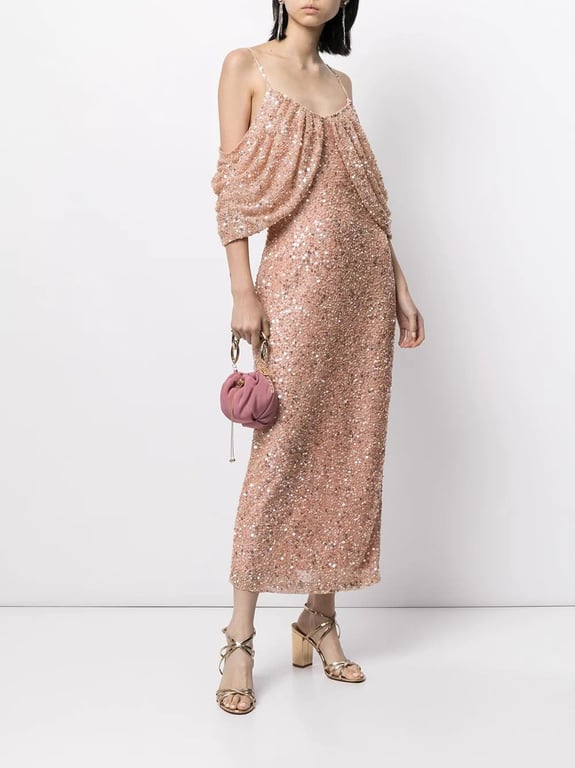 BADGLEY MISCHKA Sequin-embellished Off-shoulder Gown