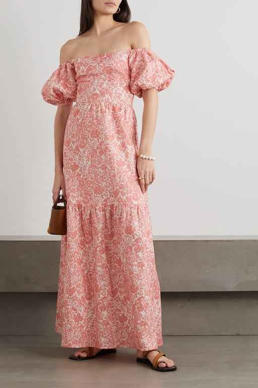PEONY Off-the-shoulder Floral-print Linen Maxi Dress