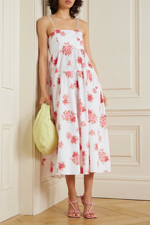 LES RÊVERIES Chain-embellished Tiered Floral-print Cotton-poplin Midi Dress