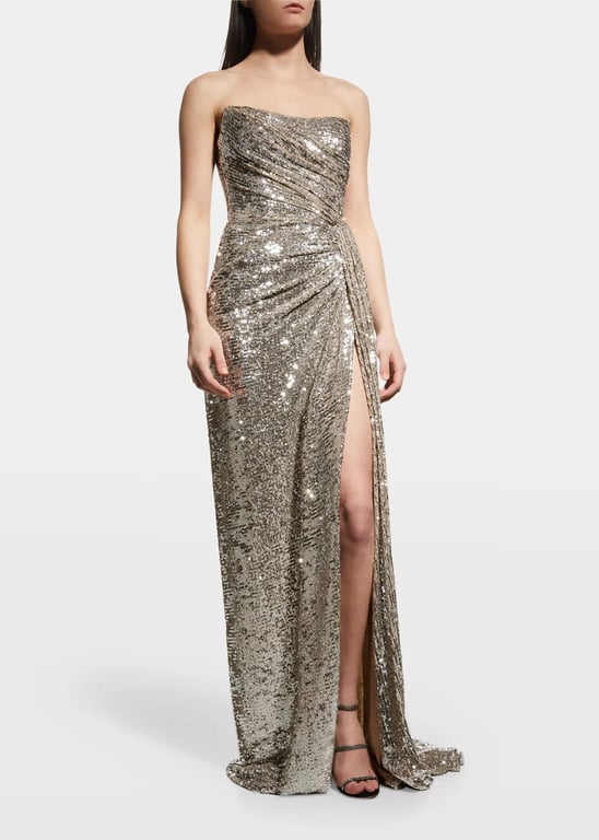 MONIQUE LHUILLIER Strapless Sequin-Embellished Draped Gown