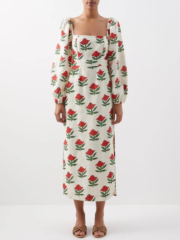 RHODE Lottie Begonia-print Linen-blend Voile Dress