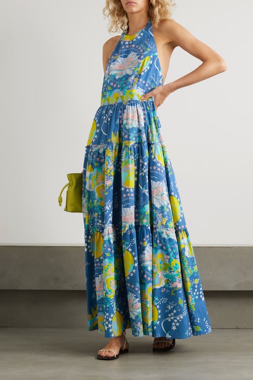 EMPORIO SIRENUSE Isotta Tiered Printed Cotton-poplin Halterneck Maxi Dress