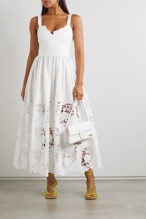 ELIE SAAB Guipure Lace-trimmed Embroidered Cotton-blend Maxi Dress