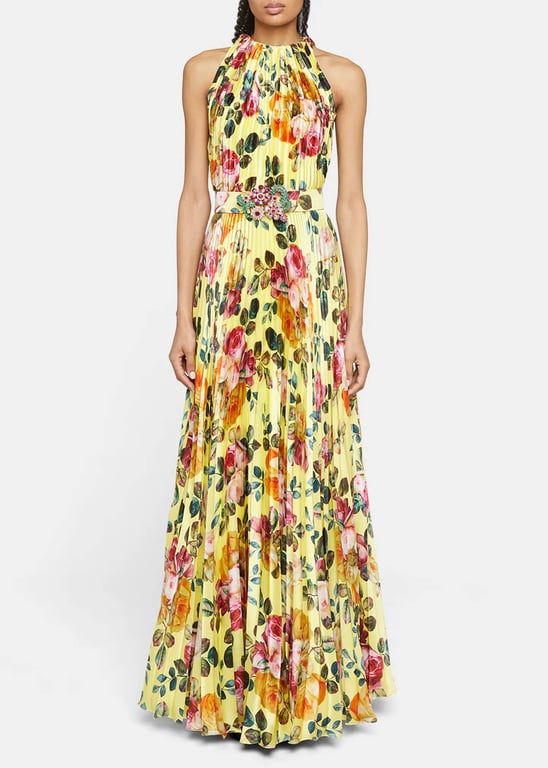 ANDREW GN Floral-Print Plisse Belted Gown