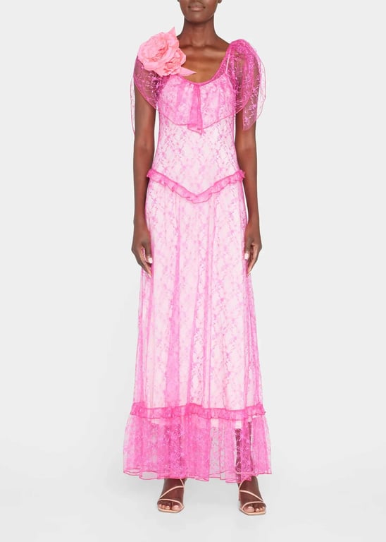 RODARTE Floral Lace Ruffle-Trim Maxi Dress