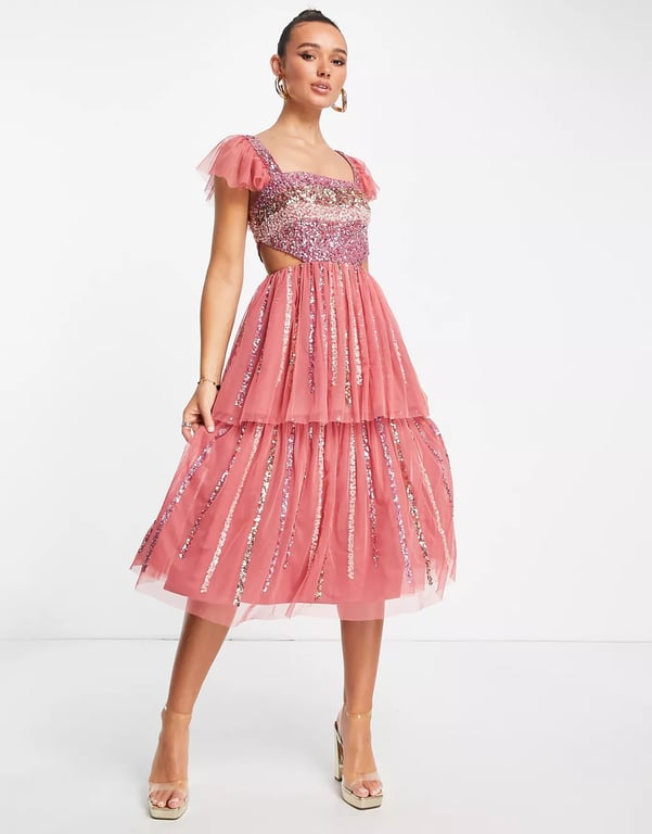 MAYA Embellished Tiered Midi Prom Dress