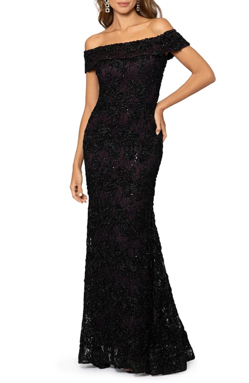XSCAPE Off the Shoulder Sequin Lace Trumpet Gown - We Select Dresses