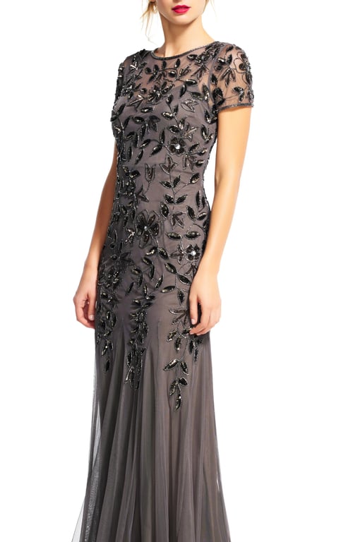 ADRIANNA PAPELL Floral Embroidered Beaded Trumpet Gown