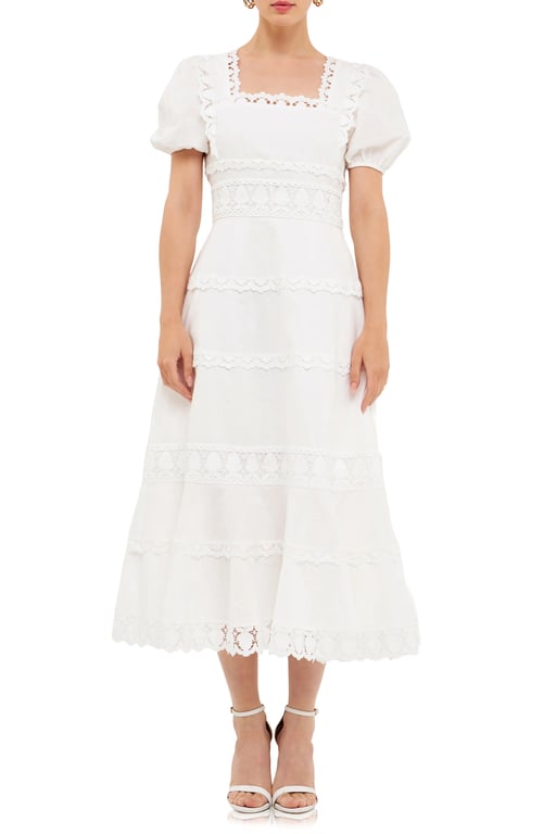ENDLESS ROSE Lace Trim Tiered Cotton & Linen Midi Dress