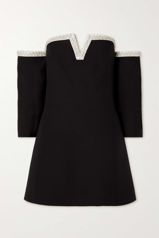 VALENTINO Off-the-shoulder Embellished Wool And Silk-blend Crepe Mini Dress