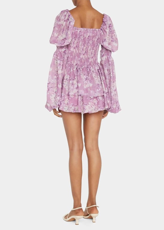 CAROLINE CONSTAS Alexa Tiered Puff-Sleeve Silk Mini Dress