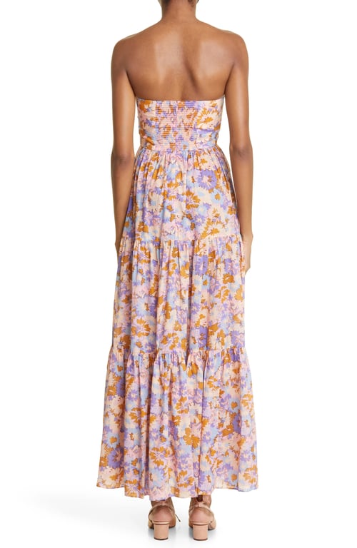 ZIMMERMANN Floral Print Cutout Strapless Tiered Cotton Midi Dress