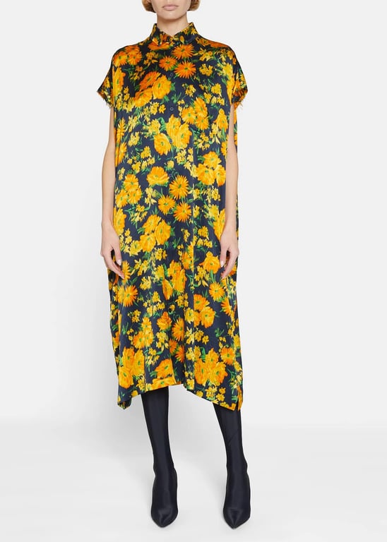 BALENCIAGA Yellow Bouquet Silk Shirtdress