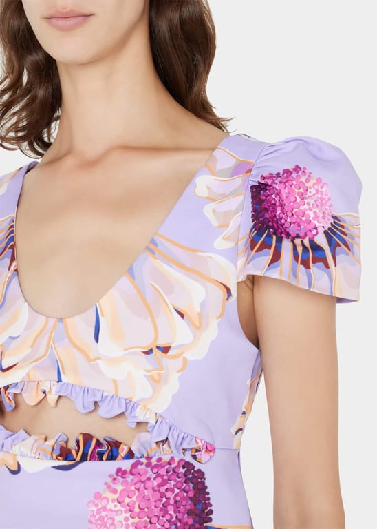 KIKA VARGAS Floral-Print Cutout Ruffle-Trim Mini Dress