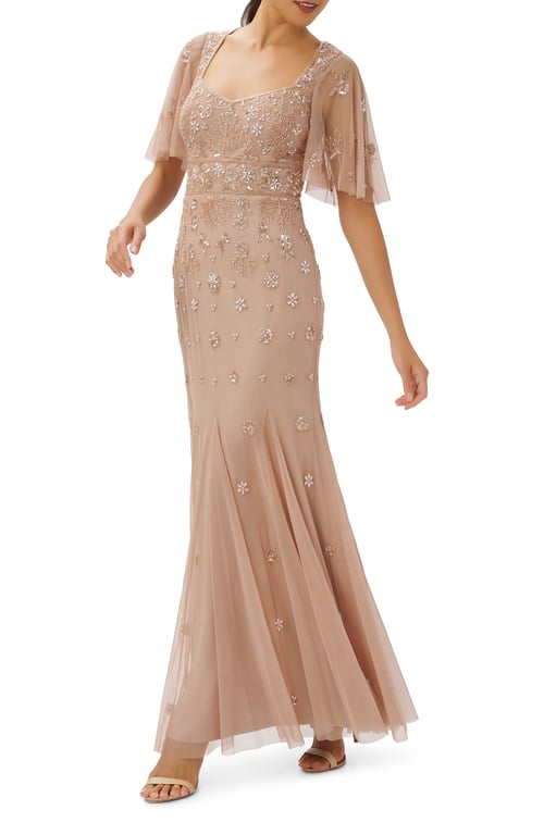 ADRIANNA PAPELL Floral Beaded Tulle Gown