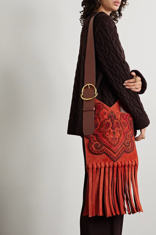 ETRO Fringed Leather-trimmed Suede And Terry Shoulder Bag