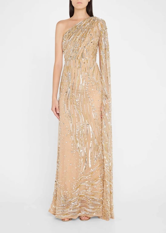 ELIE SAAB Bead-Embroidered One-Shoulder Shawl Gown