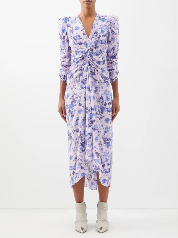 ISABEL MARANT Albini Ruched Floral-print Silk Midi Dress